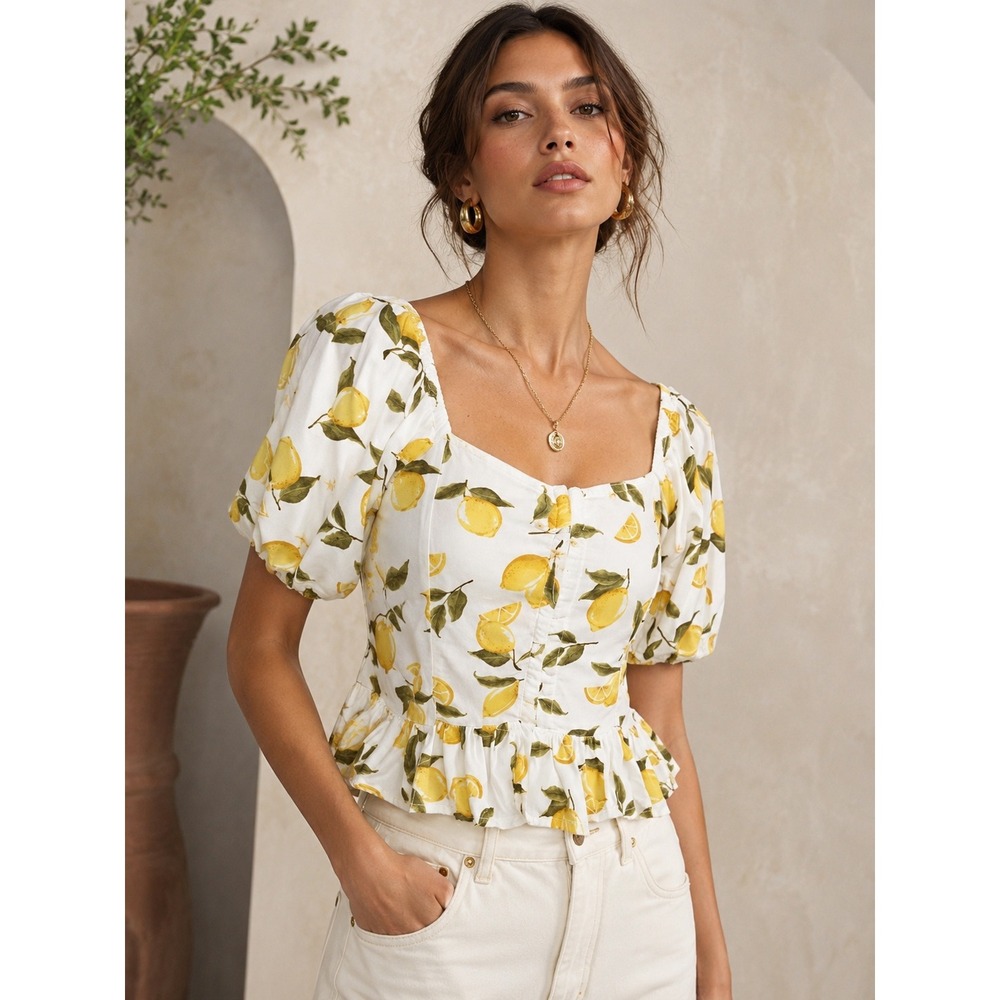 Arizona Jean Co Lemon Print Peplum Blouse Medium Cottagecore Fruit Print Top